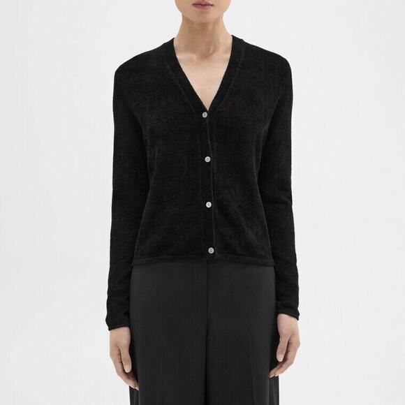 THEORY Black Velvet Rib Knit V-Neck Cardigan Sweater Top Net-A-Porter S $295 - Picture 2 of 12